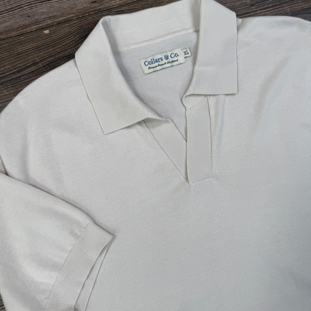 Collars & Co Men Size XL Polo Sweater Cream Cotton Silk Blend‎ Short Sleeve